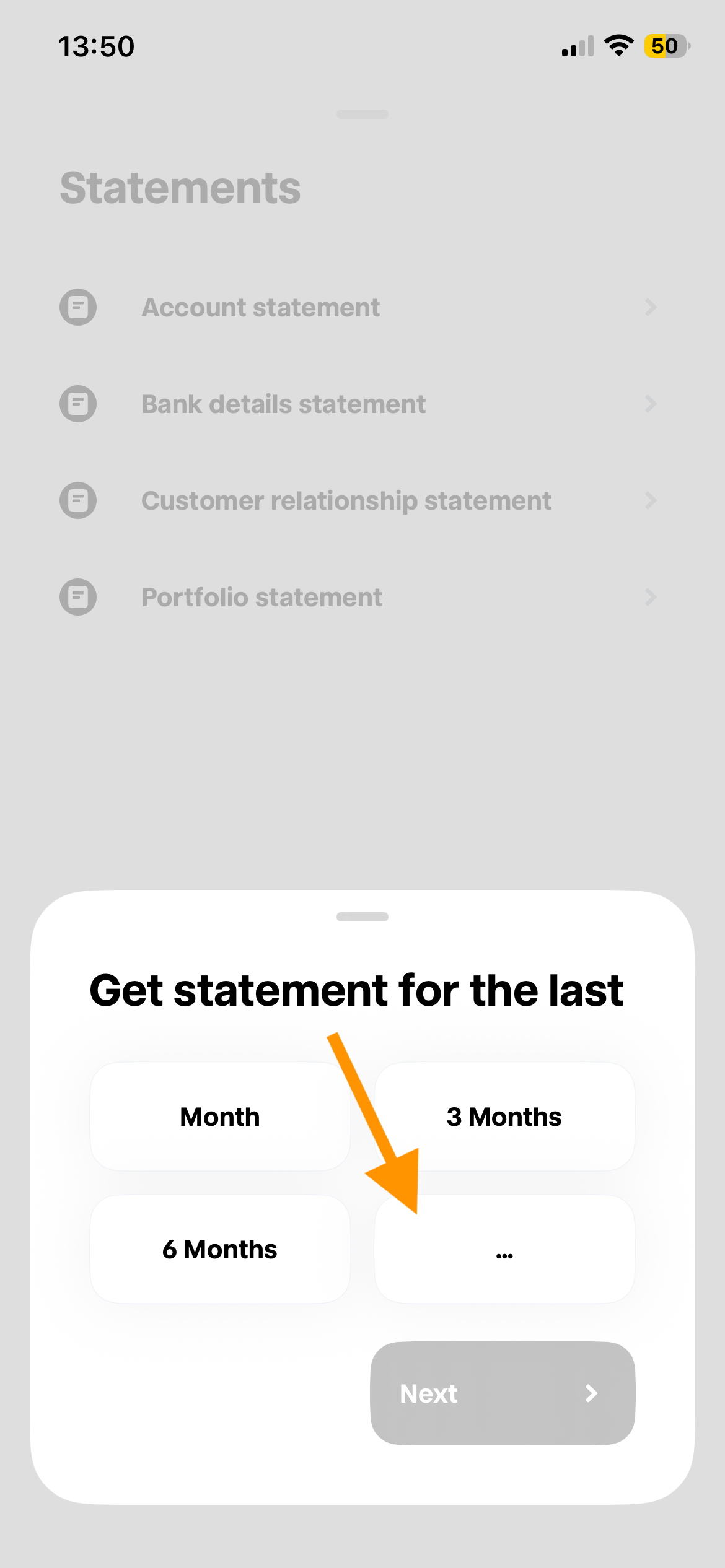 Zeitraum-Auswahl für Kontoauszüge mit Optionen Monat, 3 Months, 6 Months und weiterer Bereich