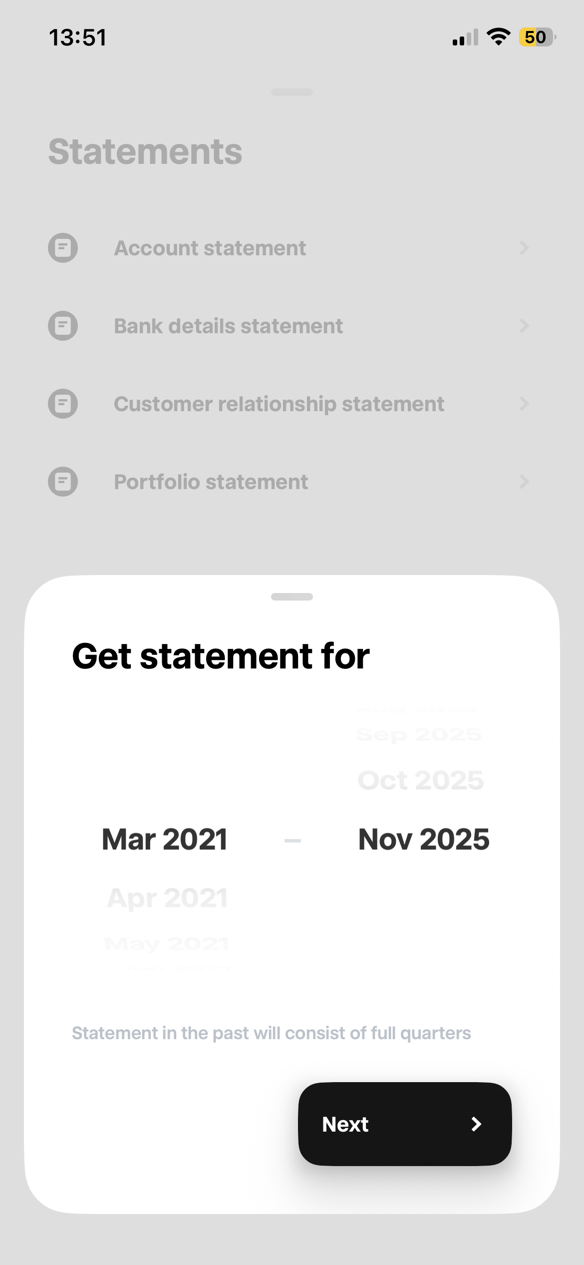 Auswahl eines individuellen Datumsbereichs für Kontoauszüge mit Start und Enddatum