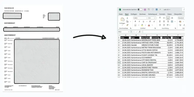 Konvertiere Kontoauszüge von Trade Republic von der PDF zu einer Excel oder CSV